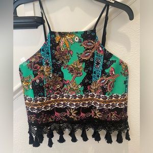 GB abstract floral top with tassel fringe